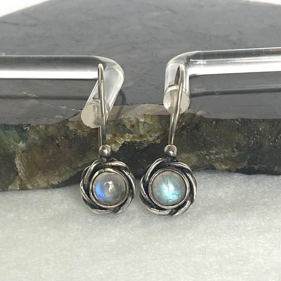 Sterling Silver 925 Round Floral Moonstone Drop Dangle Earrings - Picture 2 of 16
